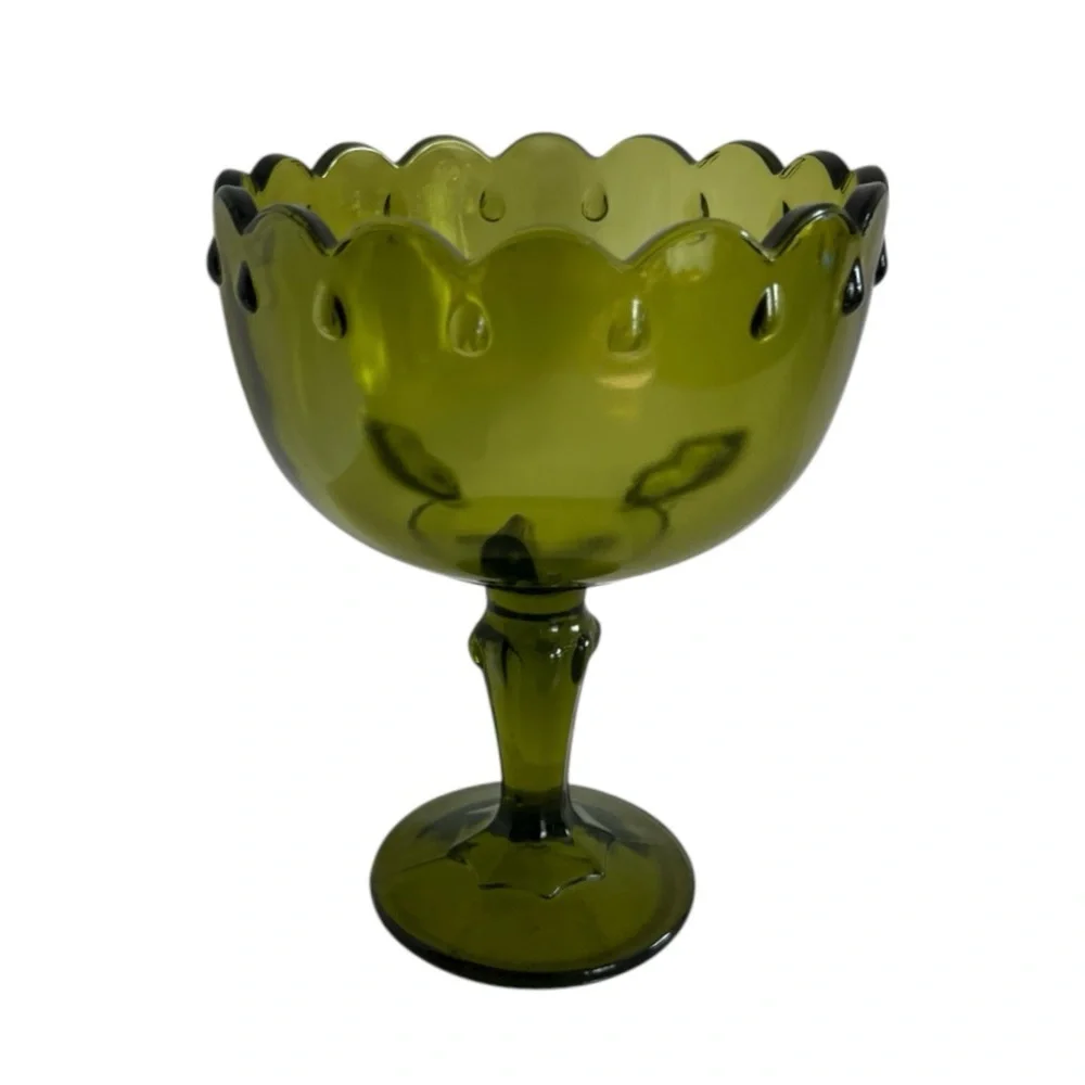 Vintage Pedestal Olive Green Indiana Glass Compote Candy Dish Bowl 7” X 5.5”